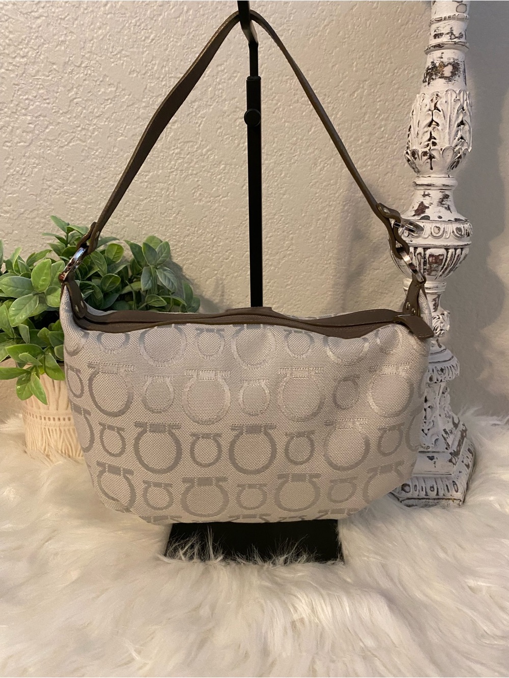Salvatore Ferragamo Monogram Canvas Shoulder Bag Beige Brown Leather Strap